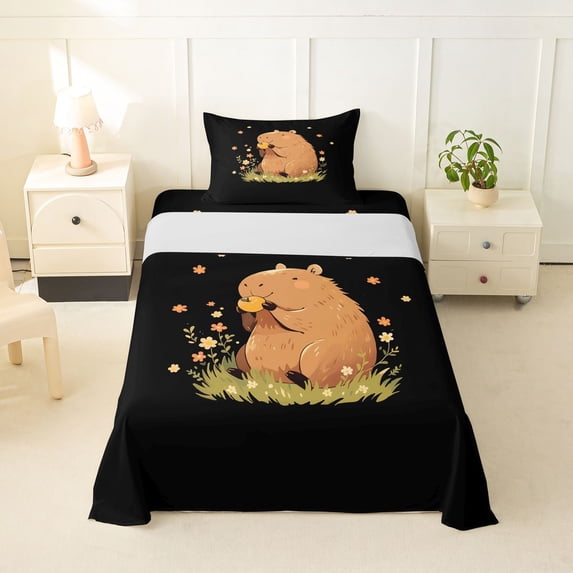 Erosebridal Capybara Twin Sheet Sets,Rustic Plant Colorful Cute Flowers Bedding For Girls Kids 3-Piece