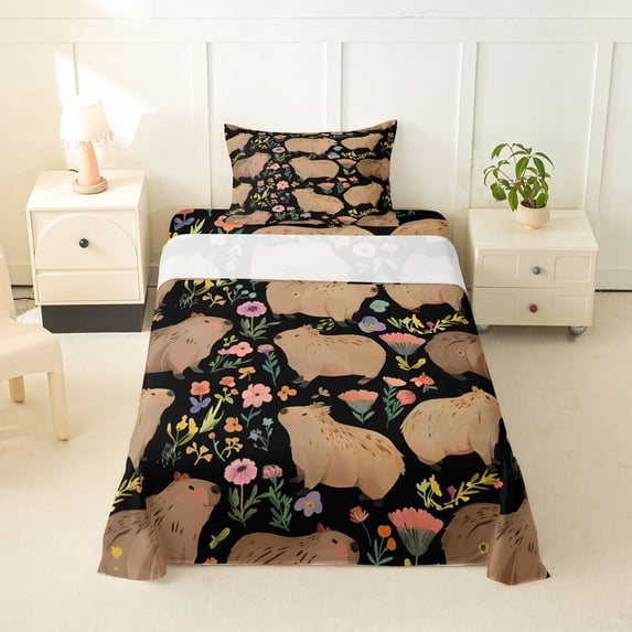 Erosebridal Capybara Twin Sheet Sets,Rustic Plant Pink Flowers Bedding For Girls Kids 3-Piece