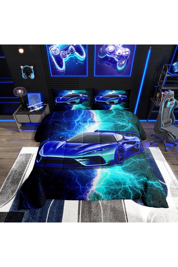 Car Theme Bedding Full Comforter Set, Sports Car Down Comforter Men, Lightweight 3 Pieces