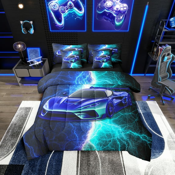 Erosebridal Car Theme Bedding Sets Twin Size 7-Piece, Sports Car Comforter Sets with Sheets Men, Lightweight