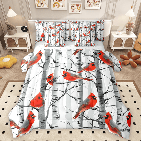 Erosebridal Cardinal Bird Bedding Twin Size, Birch Branches Comforter Sets with Sheets, Microfiber
