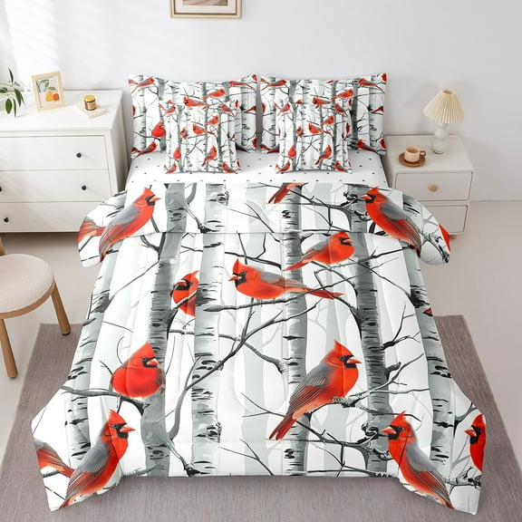 Erosebridal Cardinal Bird Bedding Twin Size, Birch Branches Comforter Sets with Sheets, Microfiber