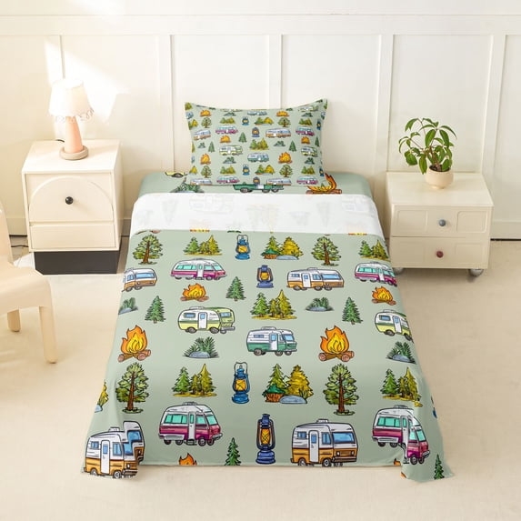 Erosebridal Cartoon Adventure Car Twin Sheet Sets 3pcs For Boys Girls,Kids Teens Happy Camping Bedding