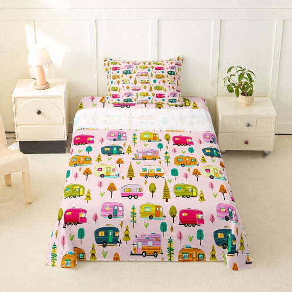 Erosebridal Cartoon Adventure Car Twin Sheet Sets 3pcs For Boys Girls,Kids Teens Happy Camping Bedding