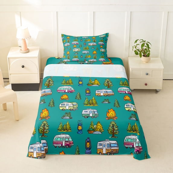 Erosebridal Cartoon Adventure Car Twin Sheet Sets 3pcs For Boys Girls,Kids Teens Happy Camping Bedding