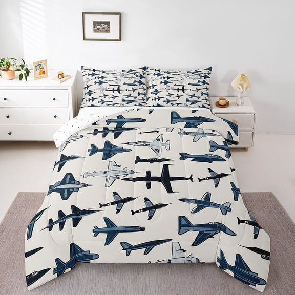 Erosebridal Cartoon Aircraft Bedding Twin Comforter Set,Military Jet Down Comforter,Army Fighter Jet Bedding Sets Twin with Comforter,Lightweight Transportation Bedroom Decorative,Reversible,2-Piece