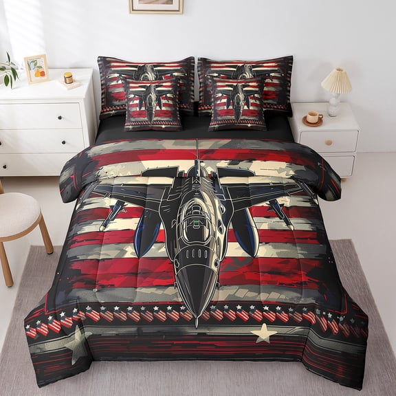 Erosebridal Cartoon Airplane Bed in a Bag Twin size, Army Fighter Jet Bed Set, American Flag Print Reversible Bedding Twin Size, Ultra Soft Bedroom Decoration, 7pcs