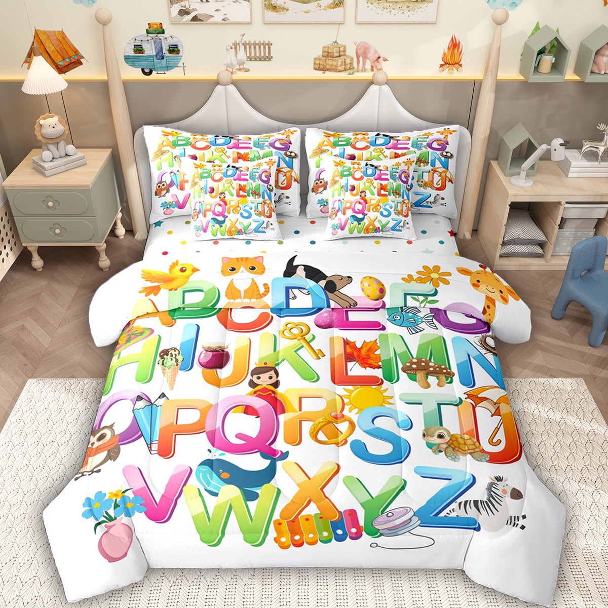 Erosebridal Cartoon Alphabet Bedding Comforter Set for Kids, A to Z ...