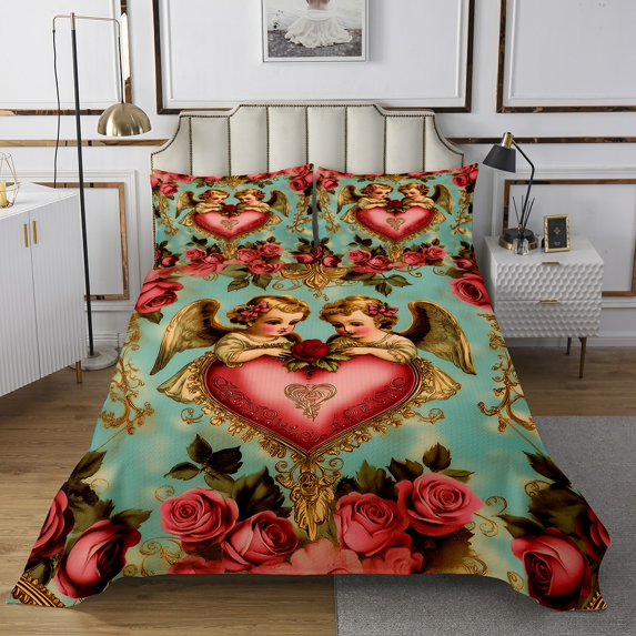 Erosebridal Cartoon Angels Bedspread Sets Queen Size , Vintage Rose Heart Bed Quilt 3pcs