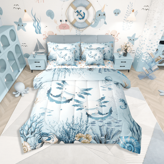 Erosebridal Cartoon Animal Axolotl Bedding Sets Full Size,Sealife Seahorse Bed in a Bag Full size,Marine Theme Decor,Reversible,Breathable,7-Piece