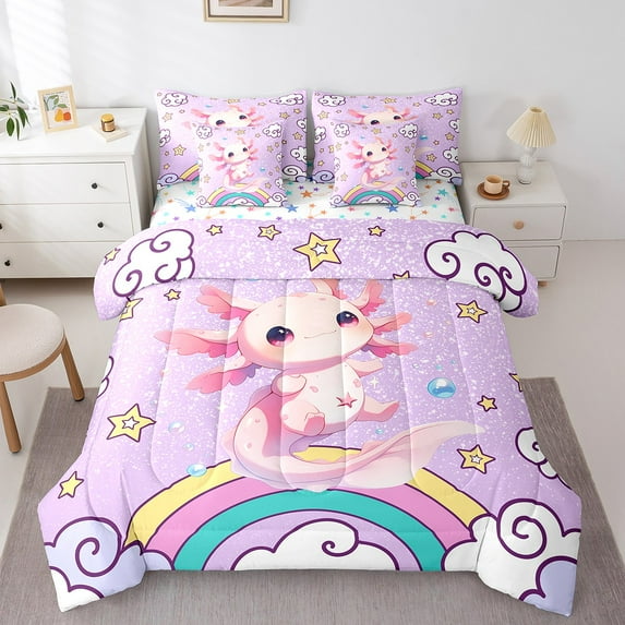 Erosebridal Cartoon Animal Axolotl Bed in a Bag King Size,Rainbow Stars Print Bed Set,Glitter Print Bedding King Size,Super Cozy Room Decorative Reversible,7 Pieces