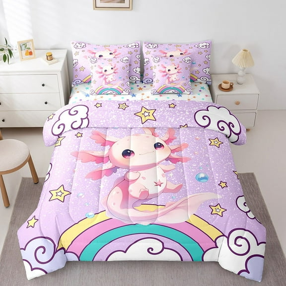 Erosebridal Cartoon Animal Axolotl Bed in a Bag Twin Size,Rainbow Stars Print Bed Set,Glitter Print Bedding Twin Size,Super Cozy Room Decorative Reversible,7 Pieces