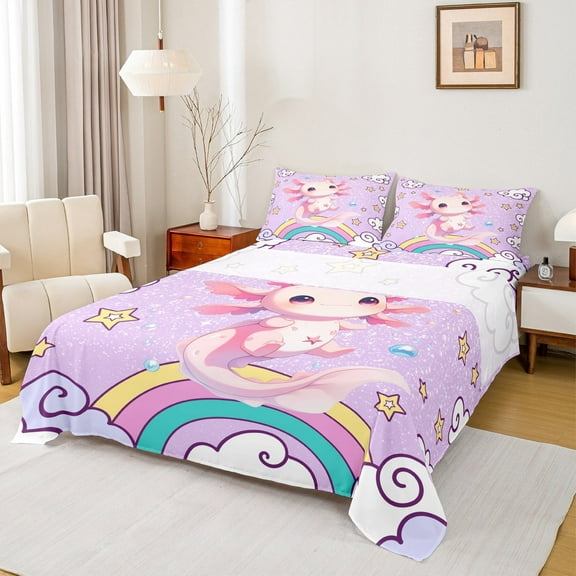 Erosebridal Cartoon Animal Axolotl Bed Sheets Twin,Rainbow Stars Print Bedding Twin Size,Glitter Print Sheet Set Twin,Super Cozy Room Decorative,3 Pieces