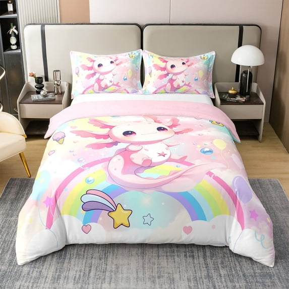 Erosebridal Cartoon Animal Axolotl Duvet Cover Twin,Rainbow Stars Print Bedding Sets Twin Size,Dreamy Colorful Comforter Cover Twin,Super Cozy Room Decorative Reversible,2-Piece(No Comforter)