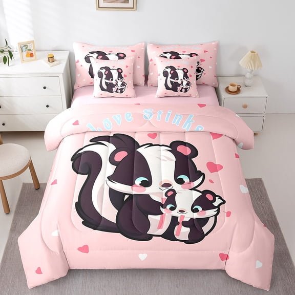 Erosebridal Cartoon Animal Bedding Sets Full Size, Kawaii Raccoon Comforter Sets with Sheets, Love Heart Reversible Bed Set, Ultra Soft Room Decoration, 7 Pieces
