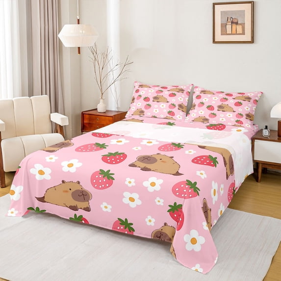 Erosebridal Cartoon Animal Capybara Full Size Sheets,Kawaii Strawberry Cute Daisy Bed Sheets For Kids Girls 4-Piece