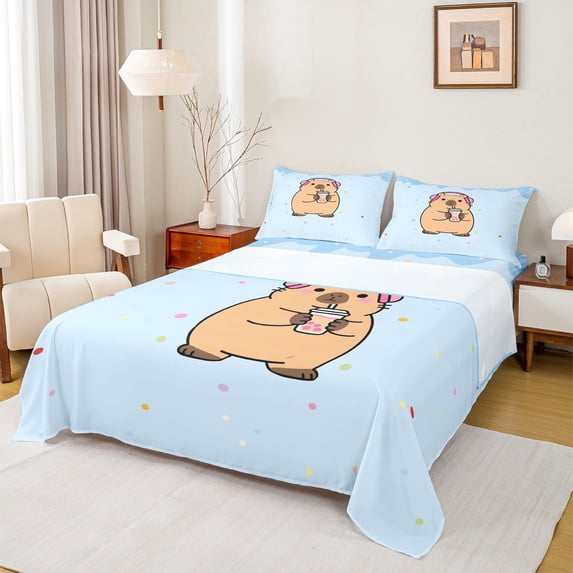 Erosebridal Cartoon Animal Capybara Queen Sheet Sets,Cute Rodent Animal Bed Set For Kids Boys 4-Piece