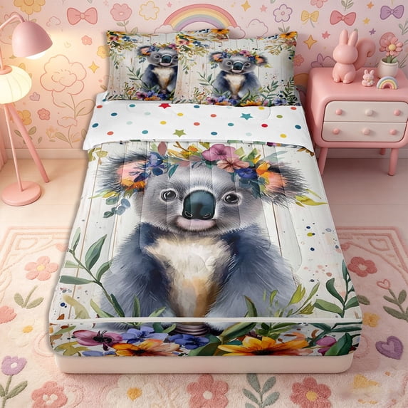 Erosebridal Cartoon Animal Koala Zipper Twin Comforter Sets with Fitted Sheet and 2 Pillowcases,Mixed Foliage Print Zipper Bedding Set,Grey Orange Indigo,Reversible