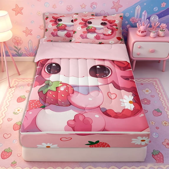 Erosebridal Cartoon Animal Pattern Zipper Full Size Comforter Sets with Fitted Sheet and 2 Pillowcases,Strawberry Floral Print Zipper Bedding Set,Pink Red,Pink Reversible