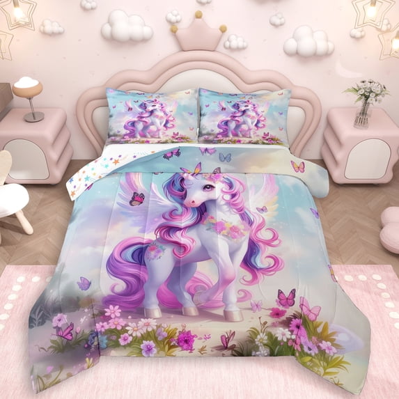 Erosebridal Cartoon Animal Unicorn Butterflies Full Size Comforter Sets 3 Pieces For Kids,Cute Princess Flowers Magical Horse Bedding Sets For Boys Girls,Breathable Home Decor