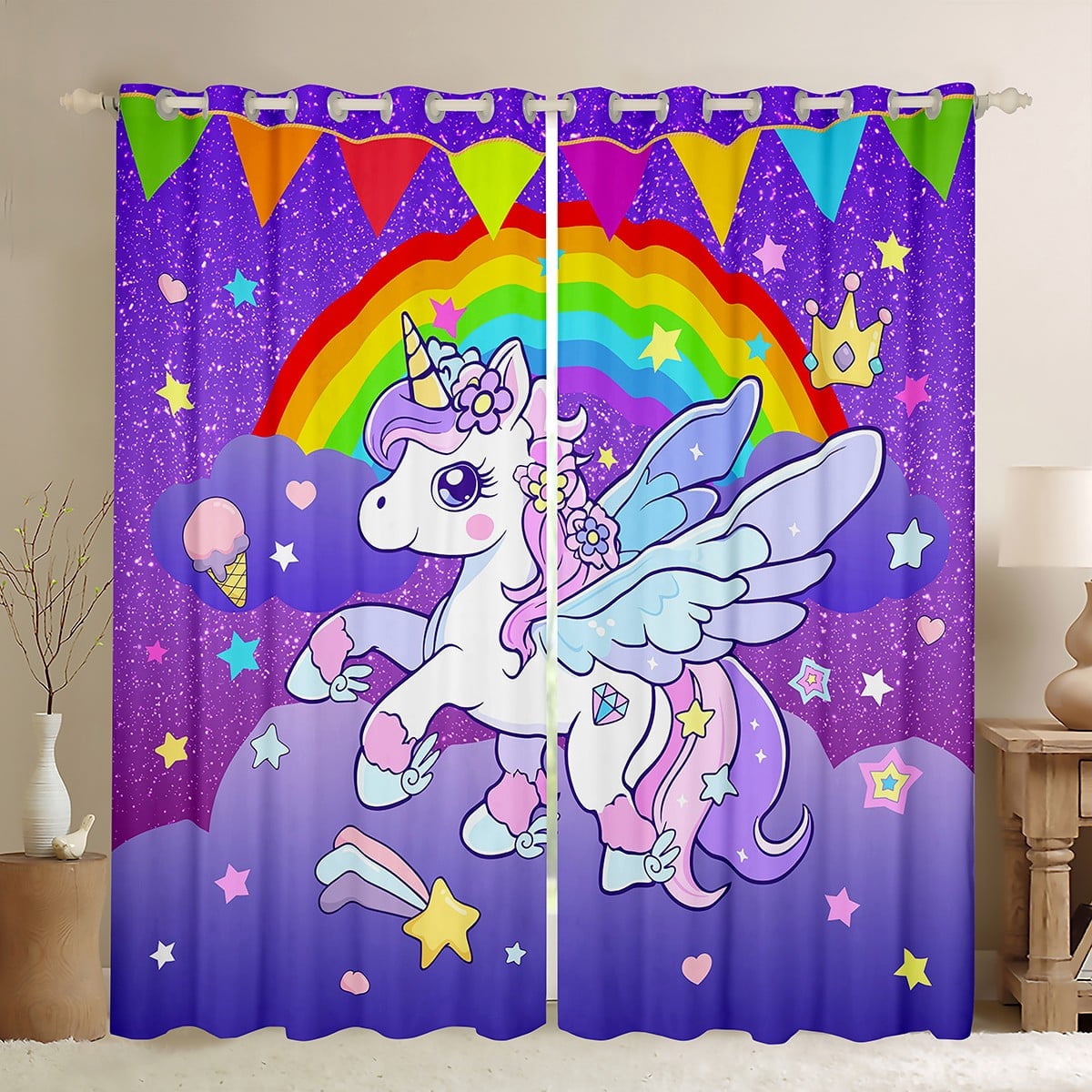 Erosebridal Cartoon Animal Unicorn Curtains Pack of 2(38x45),Rainbow Stars Print Black Out Curtains,Dreamy Purple Curtains for Living Room,Super Cozy Room Decorative