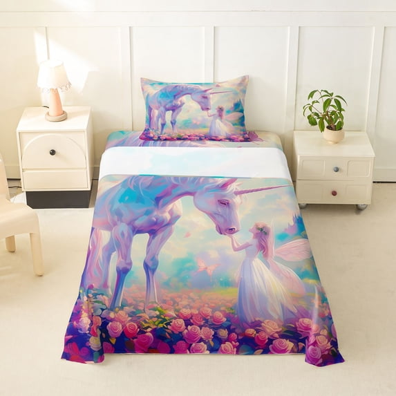 Erosebridal Cartoon Animal Unicorn Kids Twin Sheet Sets,Dreamy Princess Style Oi Painting Bedding For Girls 3 Pieces