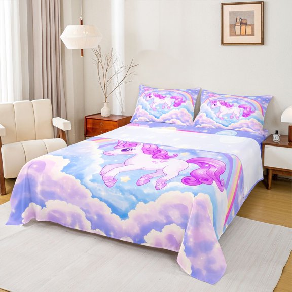 Erosebridal Cartoon Animal Unicorn Queen Sheet Sets For Kids,Kawaii Rainbow Stars Bed Set 4 Pieces