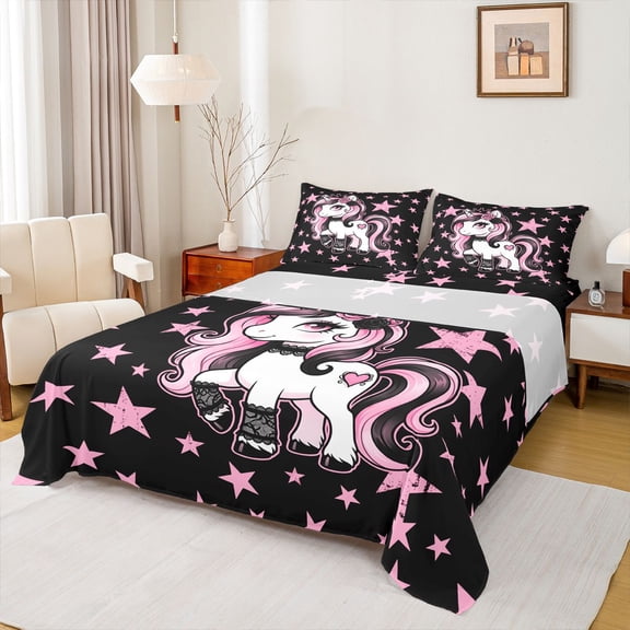 Erosebridal Cartoon Animal Unicorn Queen Sheet Sets For Kids,Kawaii Stars Print Bed Set 4-Piece