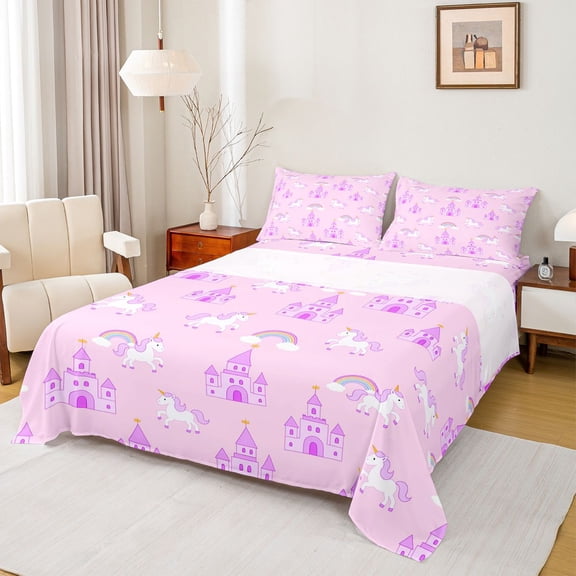 Erosebridal Cartoon Animal Unicorn Queen Sheet Sets For Kids,Purple Dreamy Princess Style Castle Bed Set 4pcs