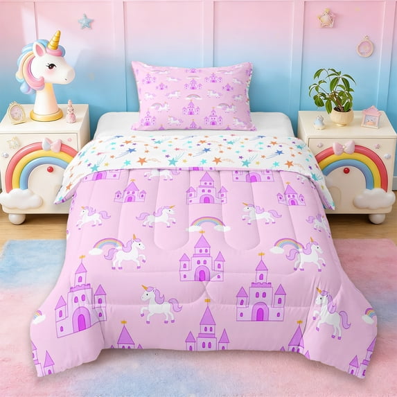 Erosebridal Cartoon Animal Unicorn Twin Comforter Sets For Kids,Purple Dreamy Princess Style Castle Bedding Set,Reversible 2-Piece