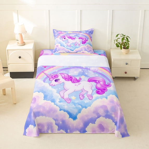 Erosebridal Cartoon Animal Unicorn Twin Sheet Sets For Kids,Kawaii Rainbow Stars Bedding 3pcs