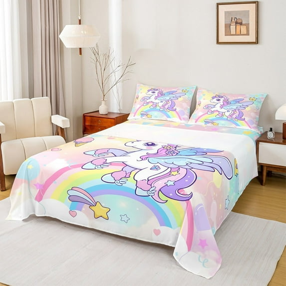 Erosebridal Cartoon Animal Unicorn Twin Sheet Sets,Rainbow Stars Print Bedding Twin Size,Dreamy Colorful Bed Sheets Set Twin Size,Super Cozy Room Decorative,3 Pieces