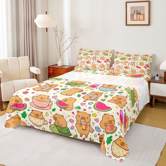 Erosebridal Cartoon Animals Capybara Full Size Sheets,Multicolor Cute Stars Kawaii Turtle Bed Sheets For Kids Girls 4 Pieces