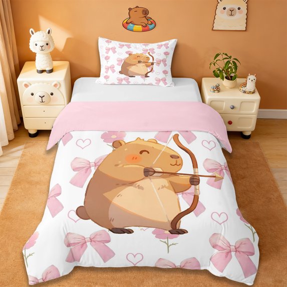 Erosebridal Cartoon Animals Capybara Twin Bedding,Cute Bowknots Kawaii Floral Duvet Cover Set For Kids Girls ,Reversible Pink 2 Pieces,No Comforter