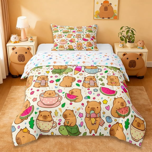 Erosebridal Cartoon Animals Capybara Twin Comforter Sets,Multicolor Cute Stars Kawaii Turtle Bedding Set For Kids Girls Reversible 2-Piece