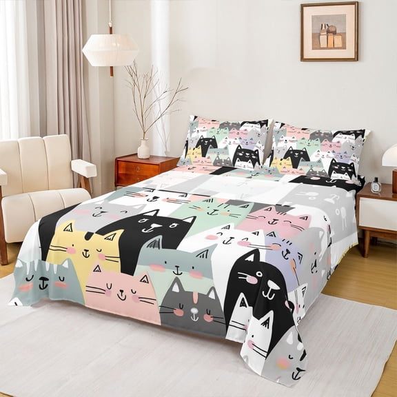 Erosebridal Cartoon Animals Kids Full Size Sheets, Kitten Cat Lover Bed Sheets, 4-Piece