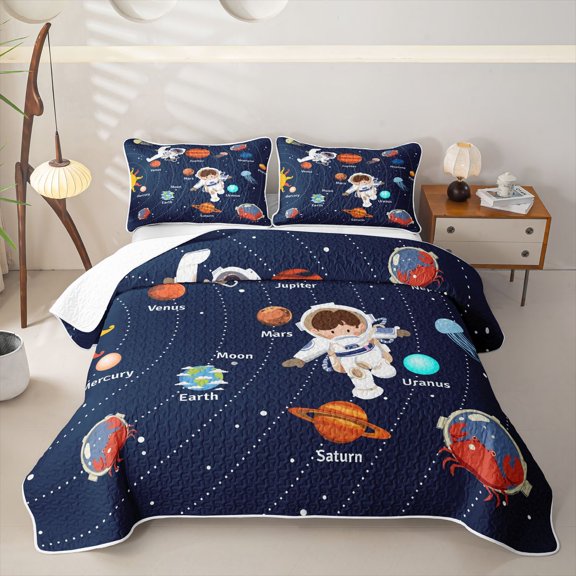 Erosebridal Cartoon Astronaut Bed Spread Queen for Boys Girls, Planet Galaxy Print Queen Coverlet Set, 3 Pieces