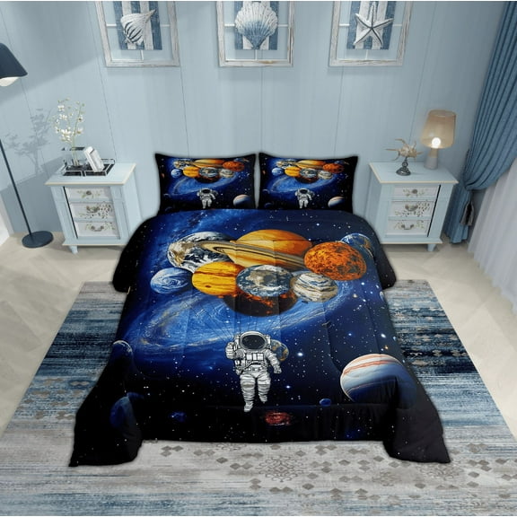 Erosebridal Cartoon Astronaut Bedding King Comforter Set, Solar System Planets Nebula Down Comforter Super Cozy 3 Pieces