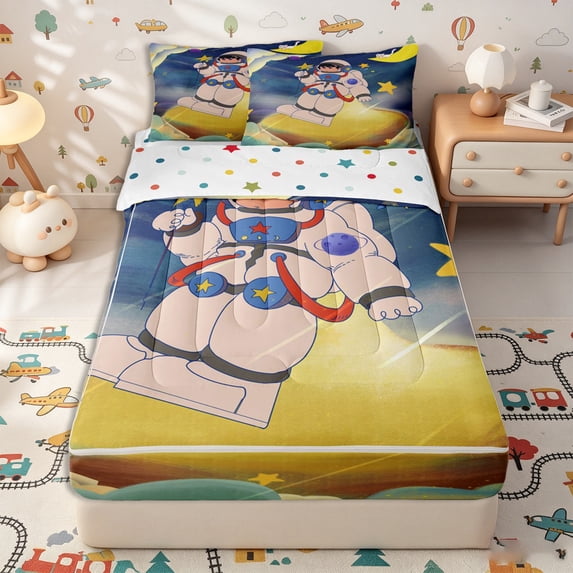 Erosebridal Cartoon Astronaut Pattern Zipper Twin Comforter Sets with Fitted Sheet and 2 Pillowcases,Star Moon Print Zipper Bedding Set,Blue Golden Teal,Reversible