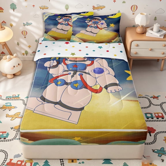 Erosebridal Cartoon Astronaut Pattern Zipper Twin Comforter Sets with Fitted Sheet and 2 Pillowcases,Star Moon Print Zipper Bedding Set,Blue Golden Teal,Reversible