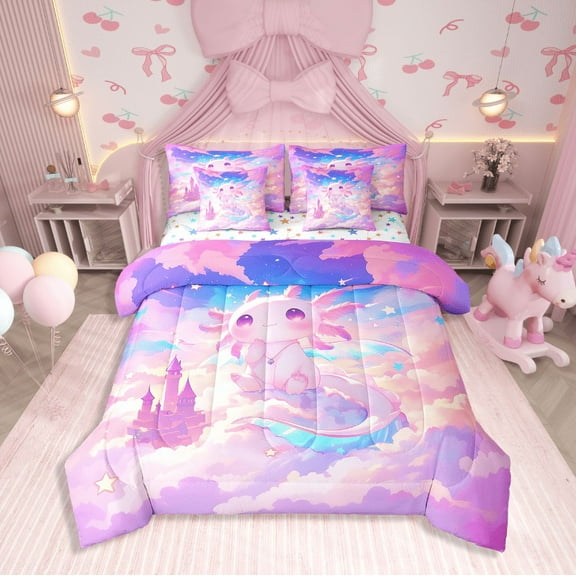 Erosebridal Cartoon Axolotl Bedding Sets Twin Size,Dreamy Castle Comforter Sets With Sheets,Princess Room Decorative,Reversible,Breathable,7Pcs