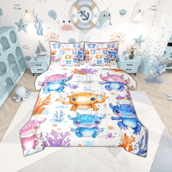 Erosebridal Cartoon Axolotl Bedding Sets Twin Size,Kawaii Animal Comforter Sets with Sheets,Cute Wildlife Bed in a Bag Twin size,Microfiber Ocean Room Decoration,Reversible,7-Piece
