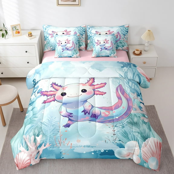 Erosebridal Cartoon Axolotl Bedding Sets Twin Size,Pink Blue Comforter Sets with Sheets,Ocean Wildlife Bed in a Bag Twin size,Ultra Soft Animal Room Decoration,Reversible,7pcs