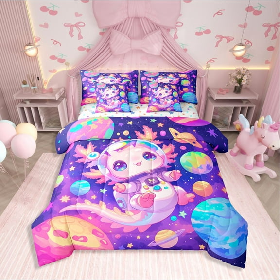 Erosebridal Cartoon Axolotl Bedding Sets Twin Size,Universe Planet Comforter Sets With Sheets,Astronauts Room Decorative,Reversible,Breathable,7Pcs