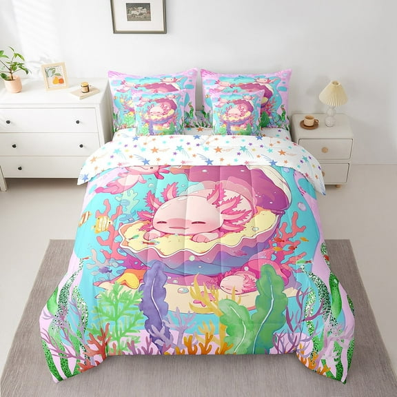 Erosebridal Cartoon Axolotl Comforter Set with Sheets Kawaii Axolotl 7 Piece Bedding Set Full Size Galaxy Outer Space Bed in a Bag Cute Salamander Astronaut Bed Set