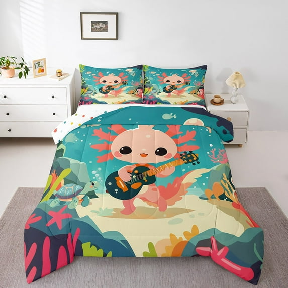 Erosebridal Cartoon Axolotl Comforter Sets Full Size, Musical Guitar Comforters & Duvets, Polka Dots Reversible, 3pcs