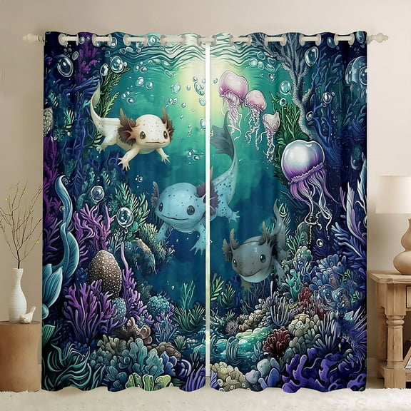 Erosebridal Cartoon Axolotl Curtains for Living Room,Marine Animal 30%-50% Blackout Curtains Set of 2 (38x45),Ocean Theme Decor