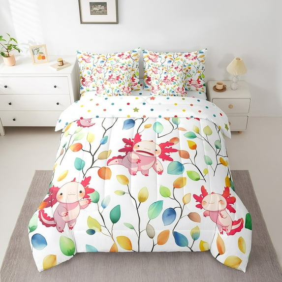 Erosebridal Cartoon Axolotl Full Comforter Set 7pcs Watercolor Floral Bedding Comforter Sets, Botanical Plants Bed in a Bag Cute Fish Animal Bedding Set, Tropical Leaves Bed Sheets Set