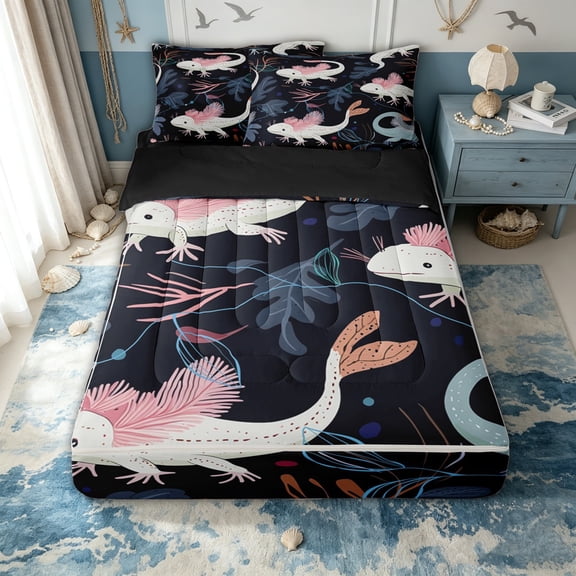 Erosebridal Cartoon Axolotl Print Zipper Queen Comforter Set with Fitted Sheet and 2 Pillowcases for Girls Boys, Kawaii Underwater Salamander Zipper Bedding Set, Black Reversible, 4-Piece
