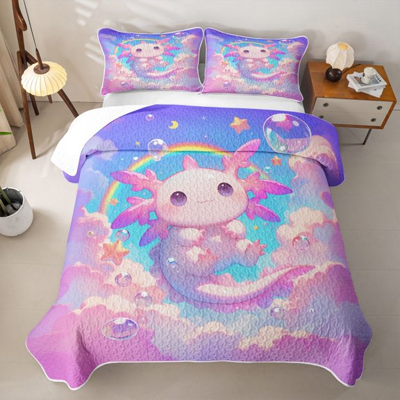 Erosebridal Cartoon Axolotl Quilt King,Pink Cute Salamander King Coverlet Set For Girls Kids,3pcs